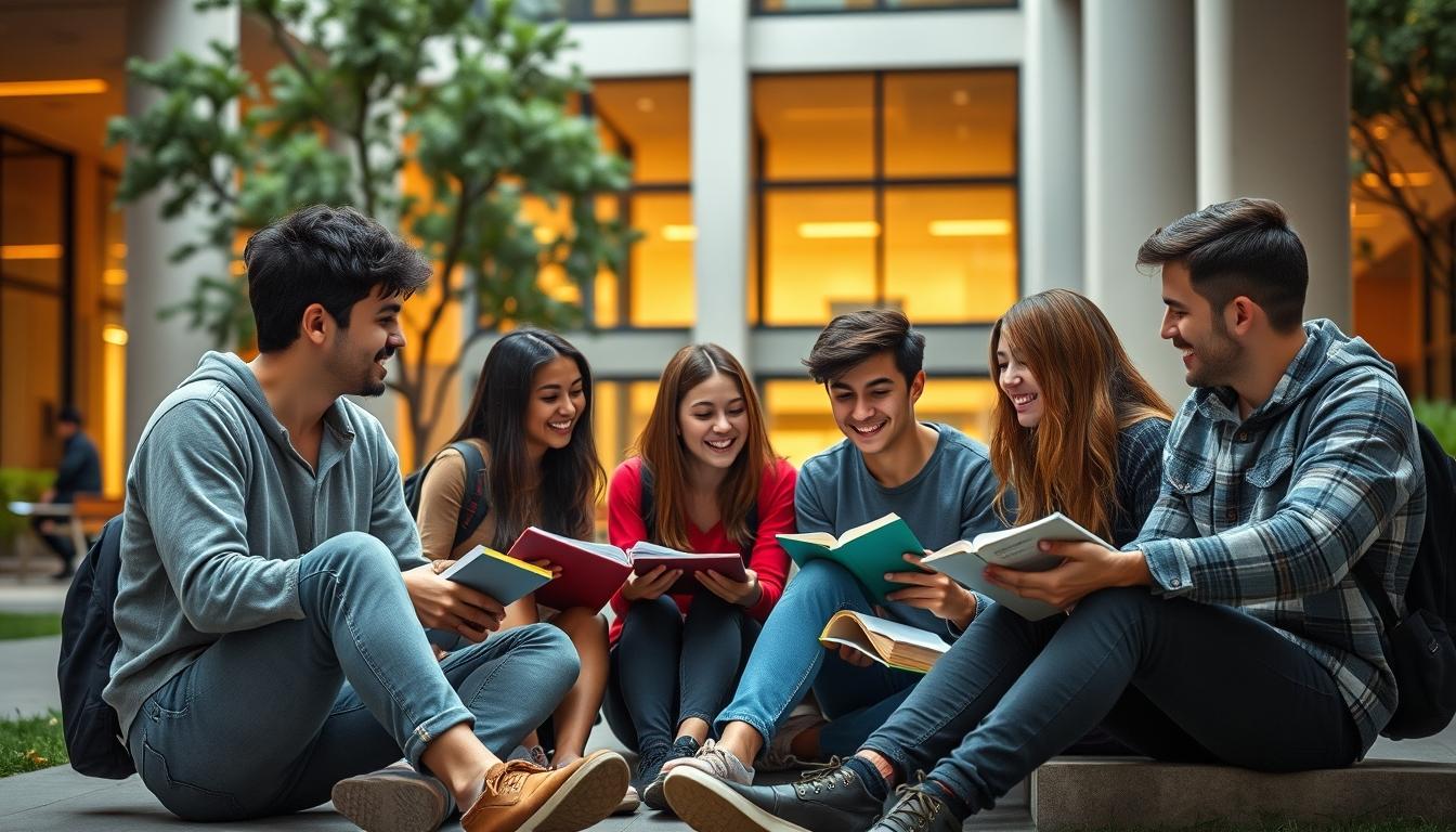 Students studying together in modern classroom